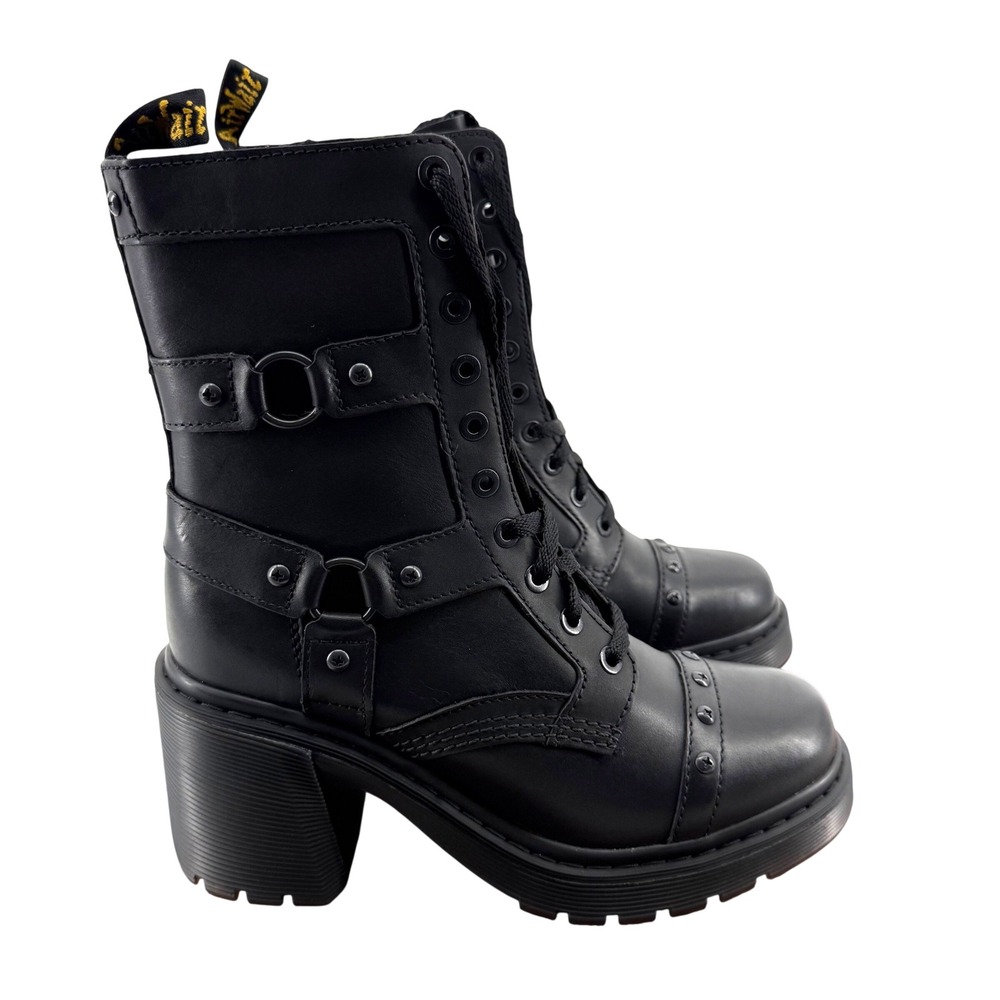 Dr. Martens Chesney Harness 10-Eye Boots Black Leather Studded Platform Women 10